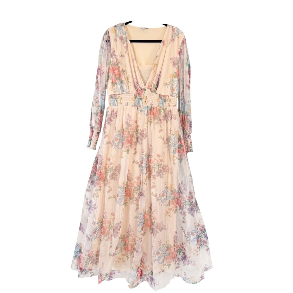 Baltic Born Floral Mesh Maxi Dress Cream V-Neck Smocked Long Sleeve 1XL
